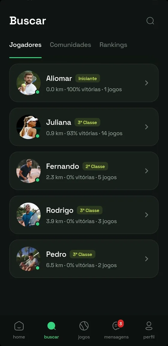 Busca de jogadores por distância, nível e aproveitamento
