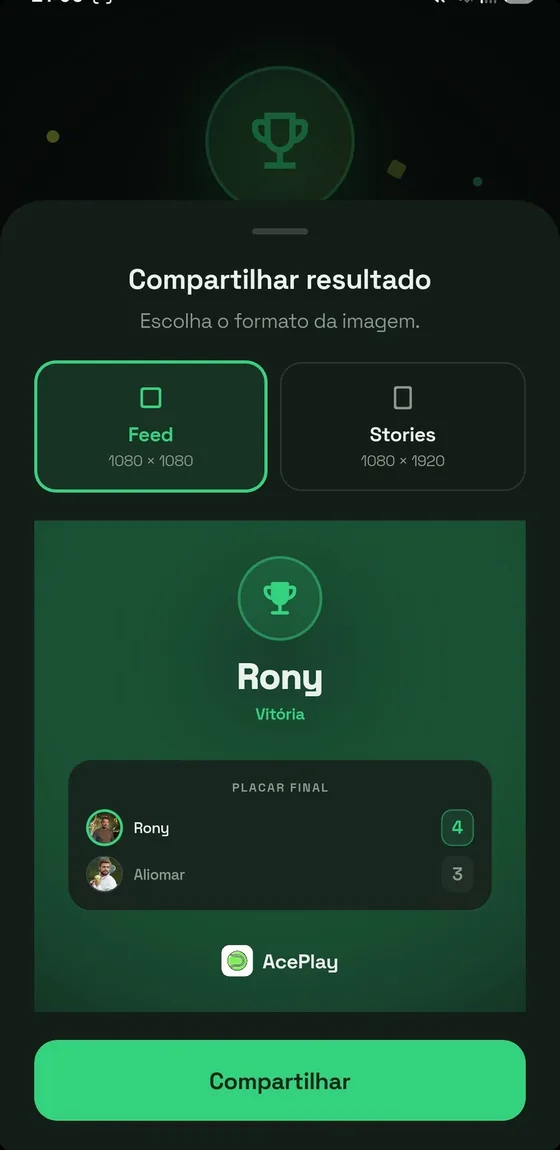 Tela de compartilhar o resultado da partida no feed ou nos stories