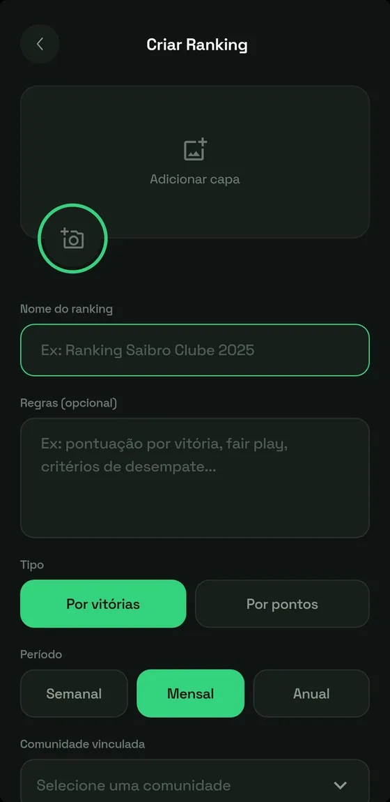 Tela de criar ranking, com regras, tipo de pontuação e período