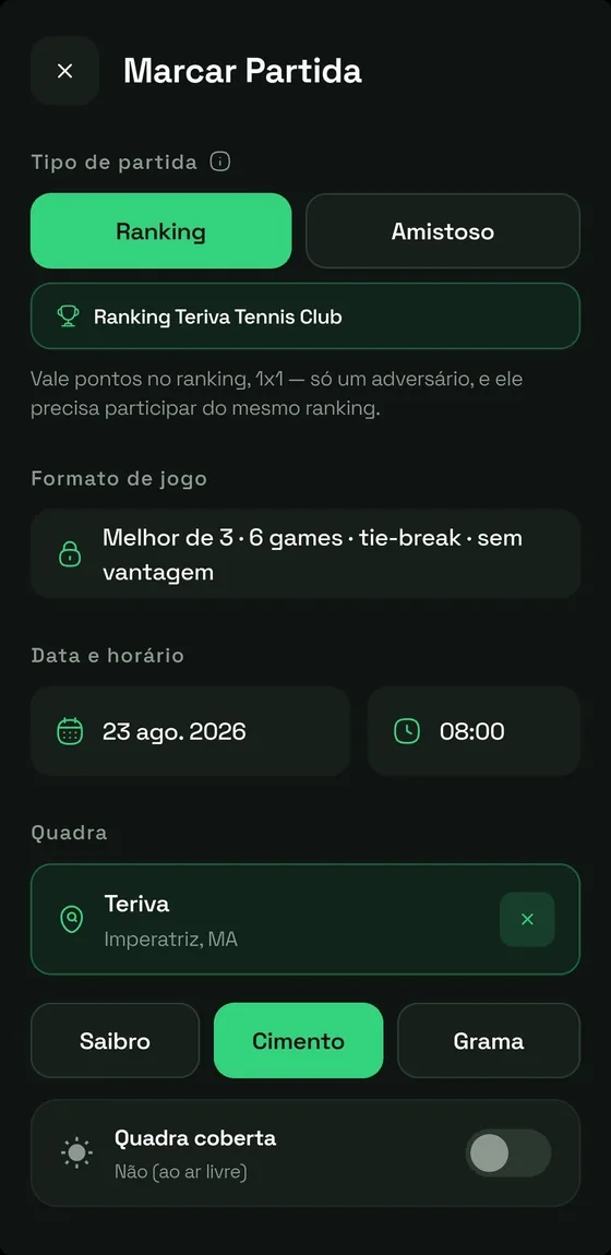 Tela de marcar partida: formato de jogo, data, quadra e tipo de piso