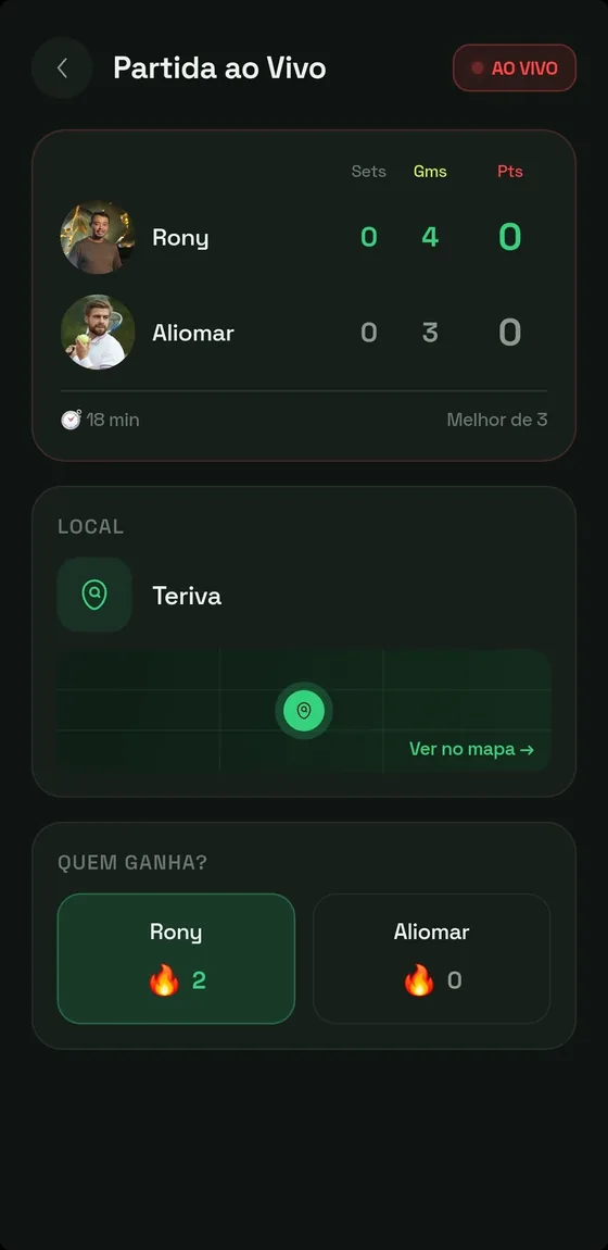 Placar de tênis ao vivo com sets e games no app Aceplay