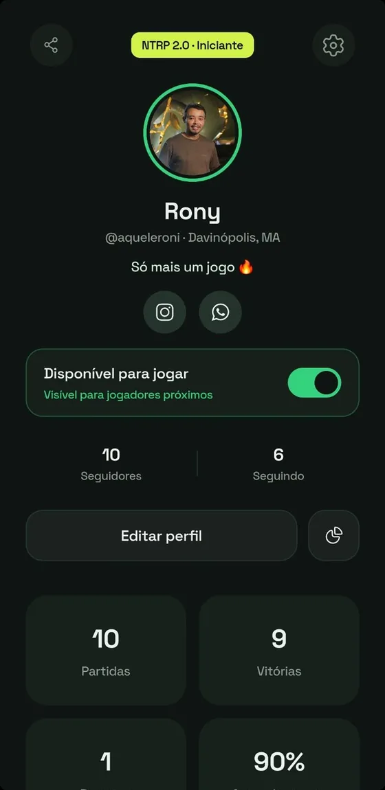 Perfil do jogador com nível NTRP, seguidores e histórico de partidas
