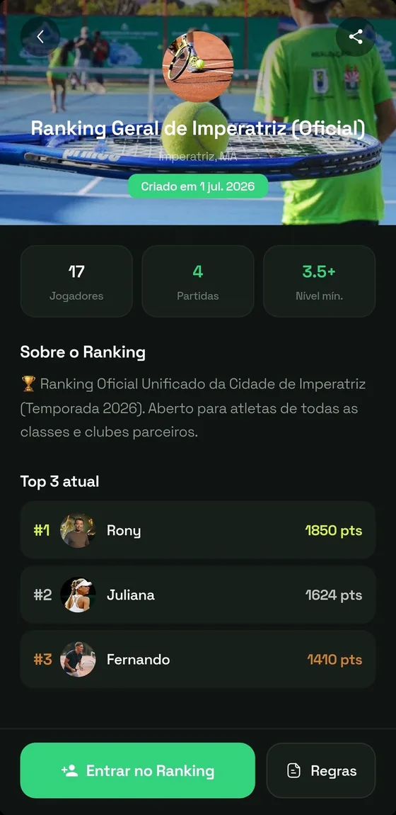 Página de um ranking com número de jogadores, partidas e o top 3