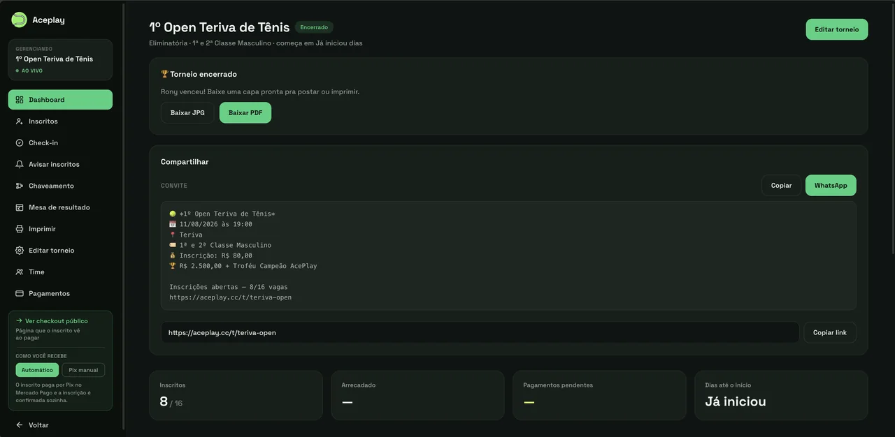 Página de um torneio no painel, com link de inscrição e resumo de pagamentos
